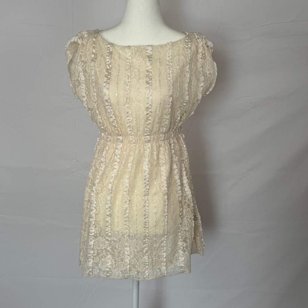 Style & Co Petite Cream Lace Coquette Ruffle Sequin Long Shirt Womens Ivory S